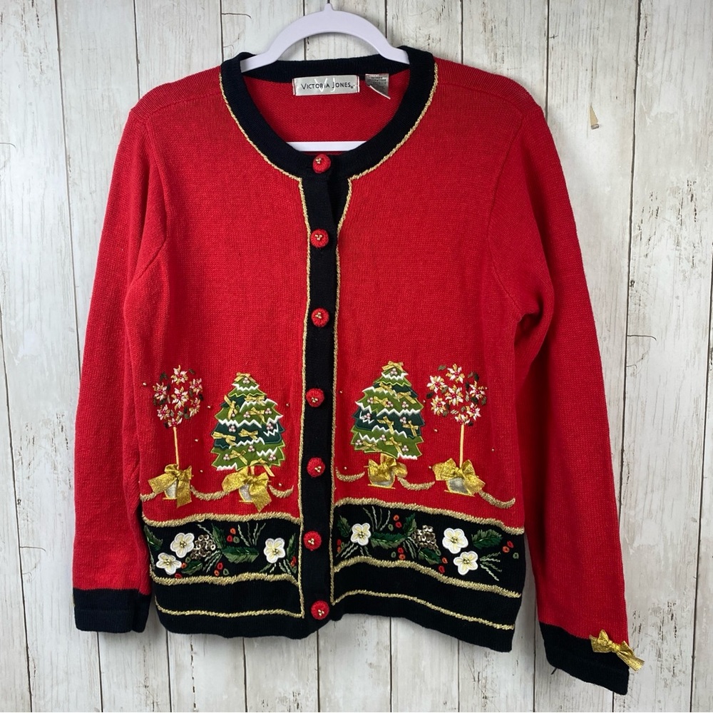 VTG Victoria Jones Sweater Womens S Cardigan Embroidered Christmas Trees Bows